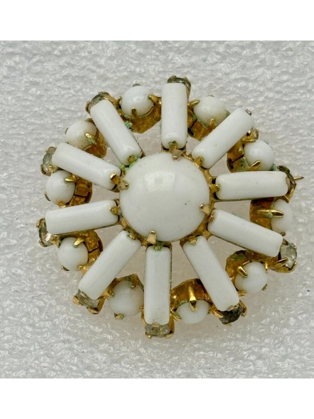 1960s Milk Glass Brooch Gold Tone Crystal Rhinestone Starburst